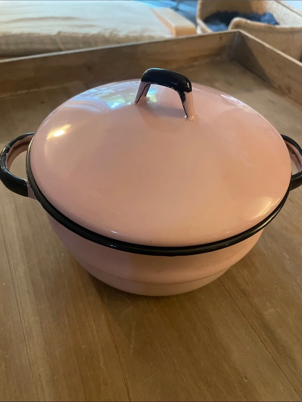 Pink Enamel small Covered Casserole Dish with Black Trim 9 in  excellent cond